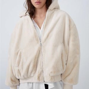 Zara Cream Faux Fur Reversible Bomber Jacket Hoodie
